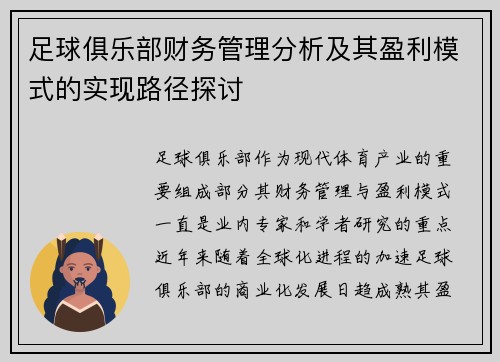 足球俱乐部财务管理分析及其盈利模式的实现路径探讨