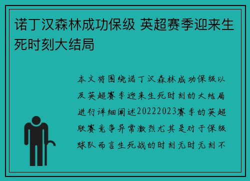 诺丁汉森林成功保级 英超赛季迎来生死时刻大结局