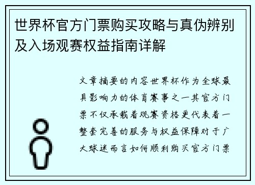 世界杯官方门票购买攻略与真伪辨别及入场观赛权益指南详解