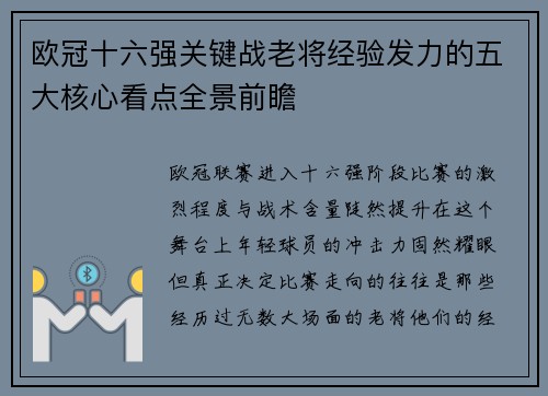 欧冠十六强关键战老将经验发力的五大核心看点全景前瞻